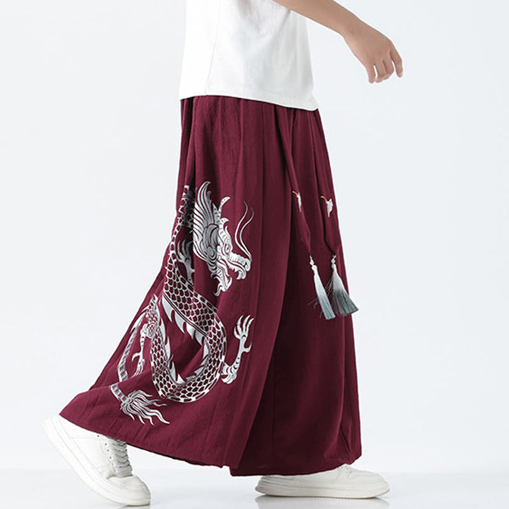 Buddha Stones Spodnie męskie z szerokimi nogawkami i kieszeniami Summer Dragon Drawstring Design Cotton do kostek - image 20