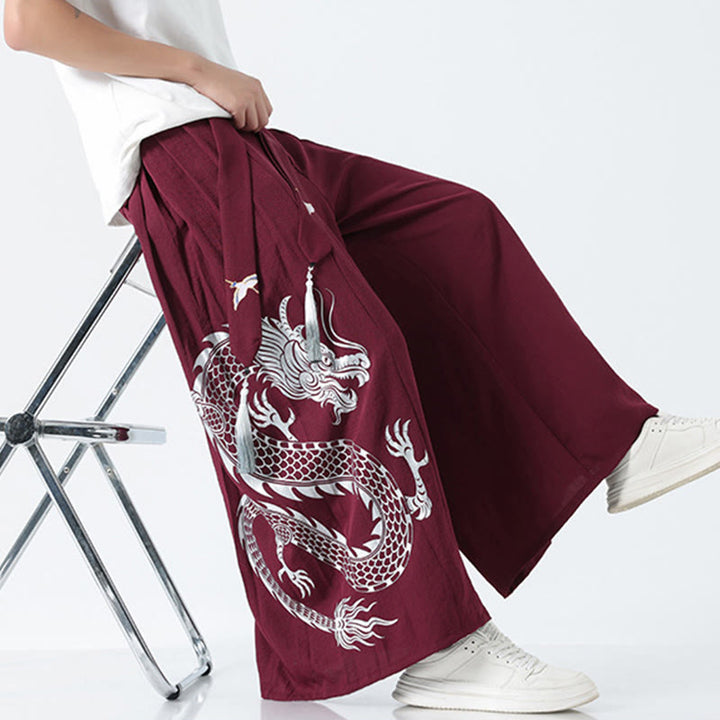 Buddha Stones Spodnie męskie z szerokimi nogawkami i kieszeniami Summer Dragon Drawstring Design Cotton do kostek - image 23