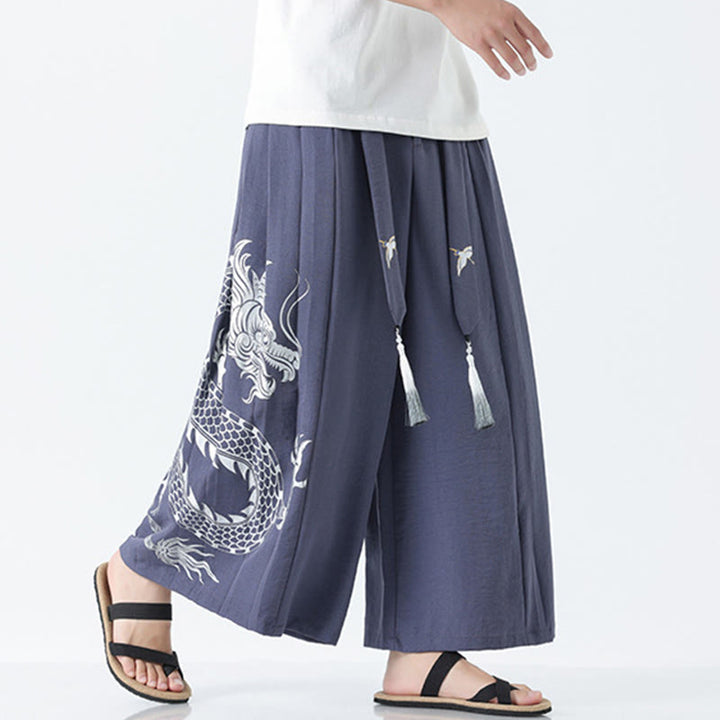 Buddha Stones Spodnie męskie z szerokimi nogawkami i kieszeniami Summer Dragon Drawstring Design Cotton do kostek - image 25
