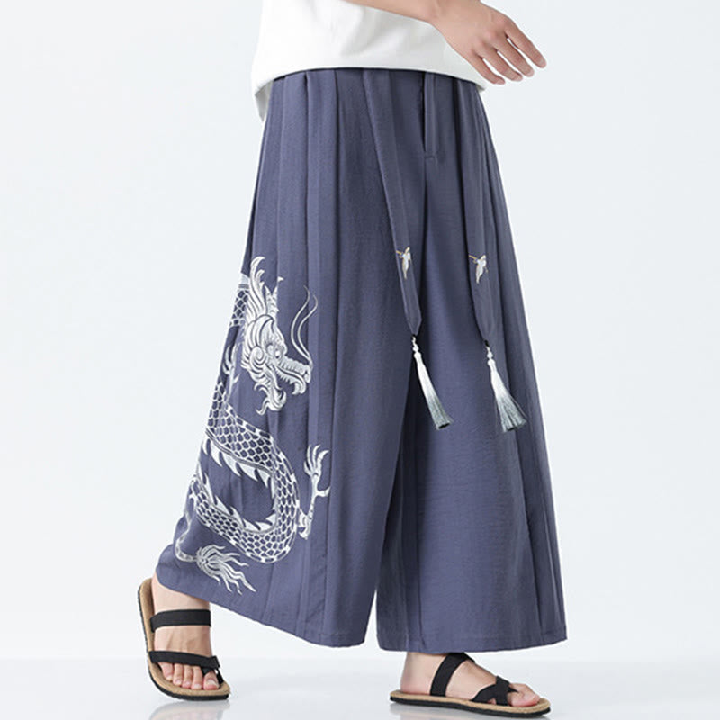 Buddha Stones Spodnie męskie z szerokimi nogawkami i kieszeniami Summer Dragon Drawstring Design Cotton do kostek - image 29