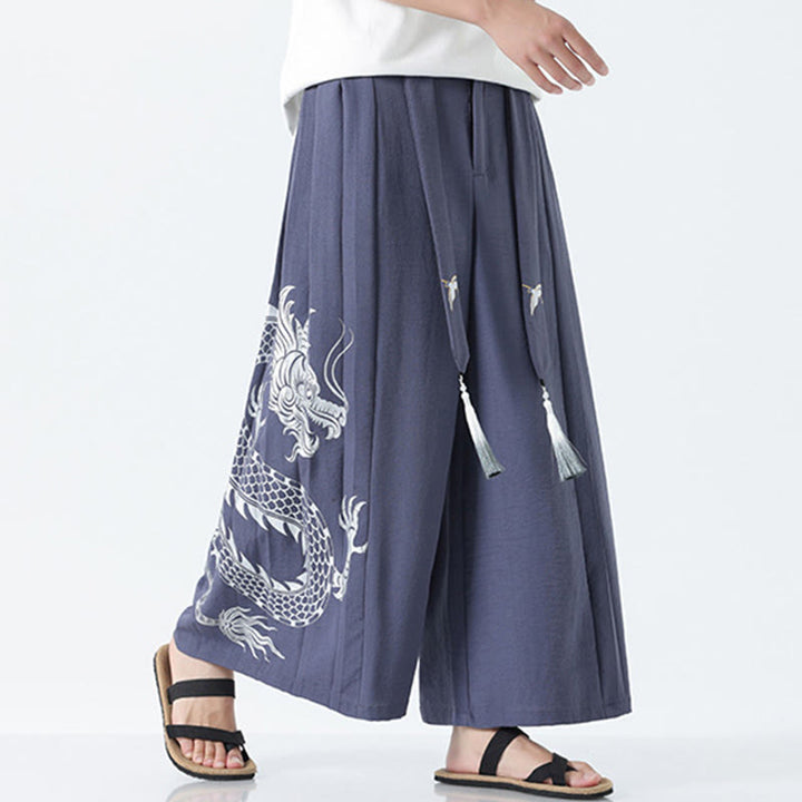 Buddha Stones Spodnie męskie z szerokimi nogawkami i kieszeniami Summer Dragon Drawstring Design Cotton do kostek - image 29