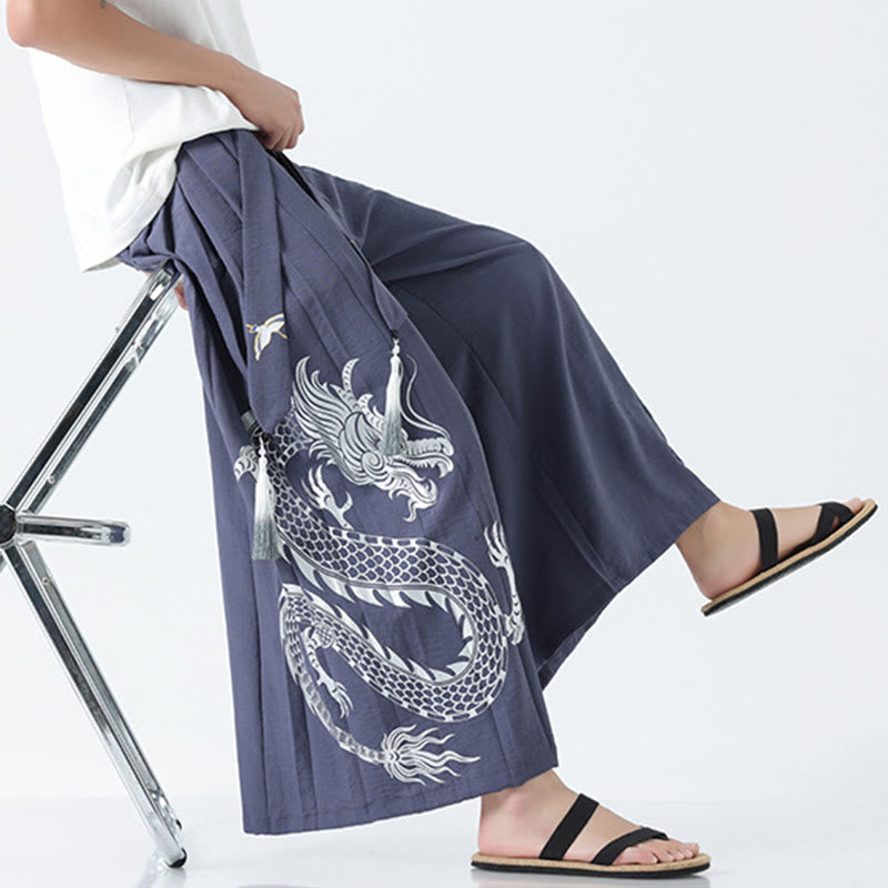 Buddha Stones Spodnie męskie z szerokimi nogawkami i kieszeniami Summer Dragon Drawstring Design Cotton do kostek - image 35