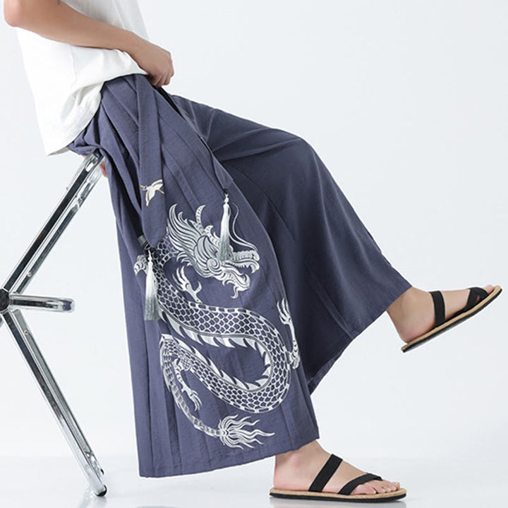 Buddha Stones Spodnie męskie z szerokimi nogawkami i kieszeniami Summer Dragon Drawstring Design Cotton do kostek - image 35