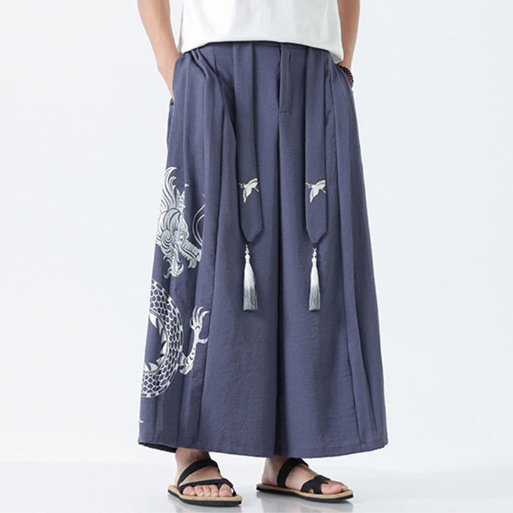 Buddha Stones Spodnie męskie z szerokimi nogawkami i kieszeniami Summer Dragon Drawstring Design Cotton do kostek - image 27