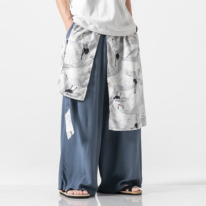 Buddha Stones Letnie spodnie męskie z szerokimi nogawkami i kieszeniami z bawełny w kształcie latającego żurawia - LightSteelBlue - US/UK/AU46， EU56 (5XL) - image 10