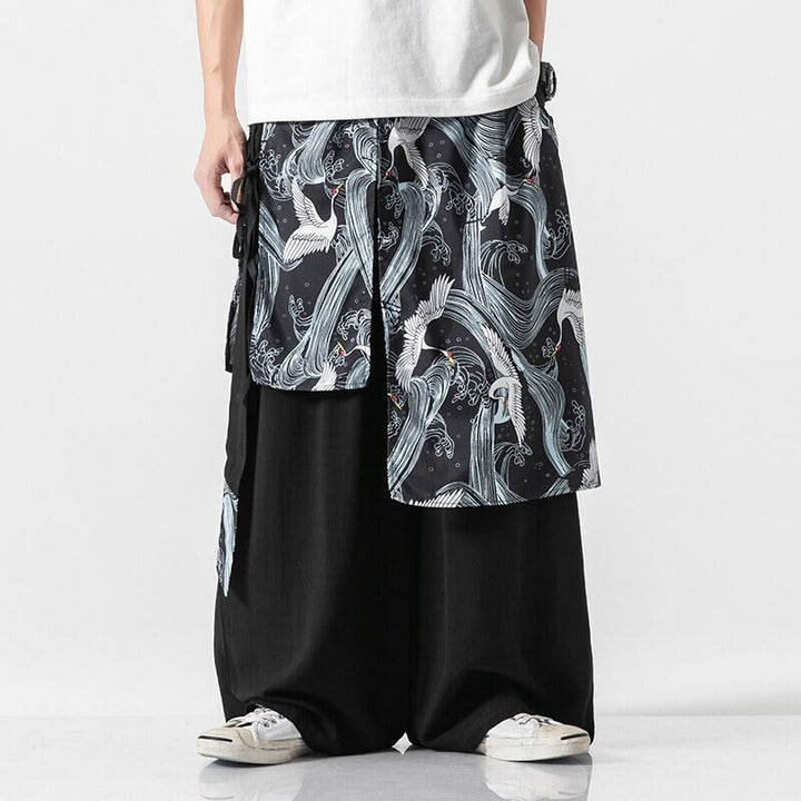 Buddha Stones Letnie spodnie męskie z szerokimi nogawkami i kieszeniami z bawełny w kształcie latającego żurawia - Czarny - US/UK/AU46， EU56 (5XL) - image 23