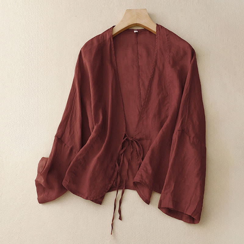 Kimono Buddha Stones Summer Plain Long Sleeve Lace-up Open Front - Ciemnoczerwony - US12, UK/AU16, EU44 (XL) - image 0