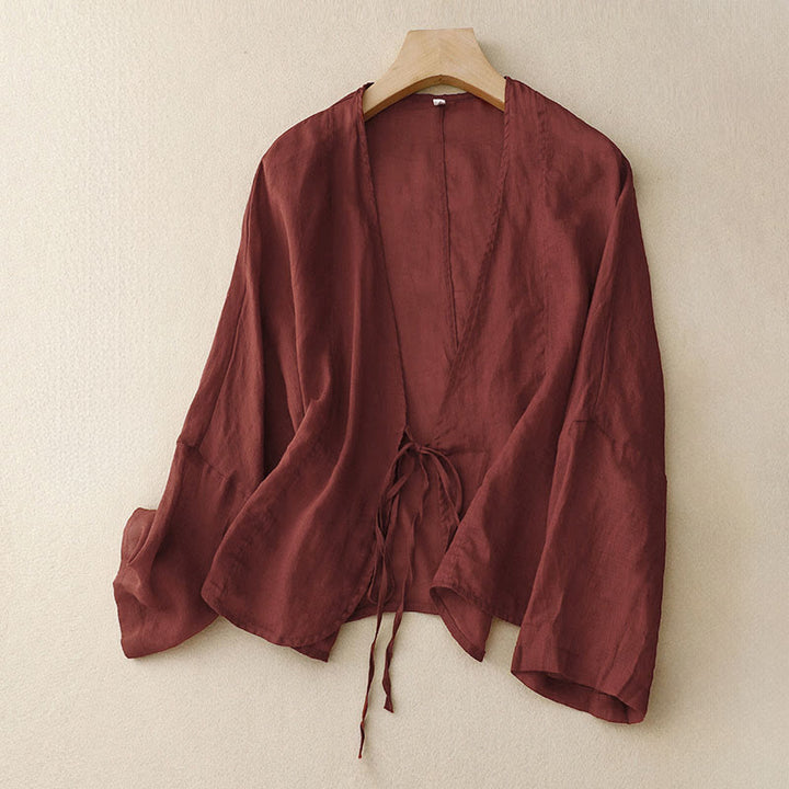 Kimono Buddha Stones Summer Plain Long Sleeve Lace-up Open Front - Ciemnoczerwony - US12, UK/AU16, EU44 (XL) - image 0