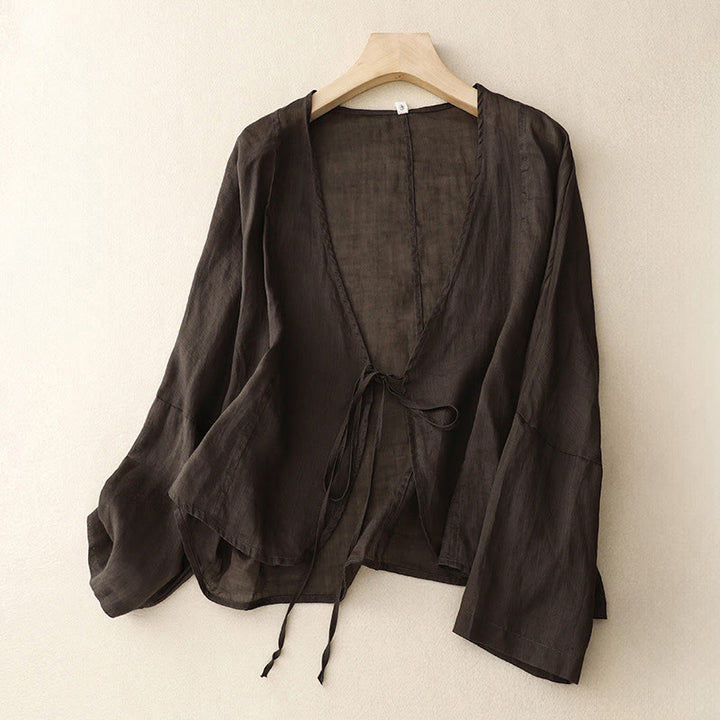 Kimono Buddha Stones Summer Plain Long Sleeve Lace-up Open Front - SaddleBrown - US12, UK/AU16, EU44 (XL) - image 12