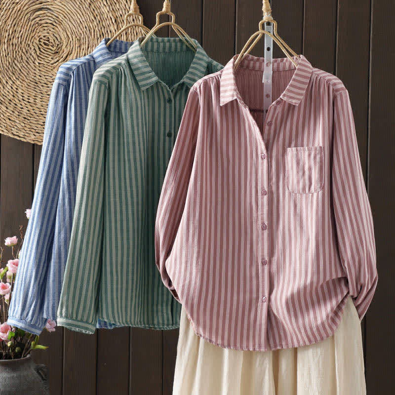 Buddha Stones Koszula damska bawełniana z długimi rękawami i ozdobnymi kieszeniami w pionowe paski wiosenne i guziki - image 7