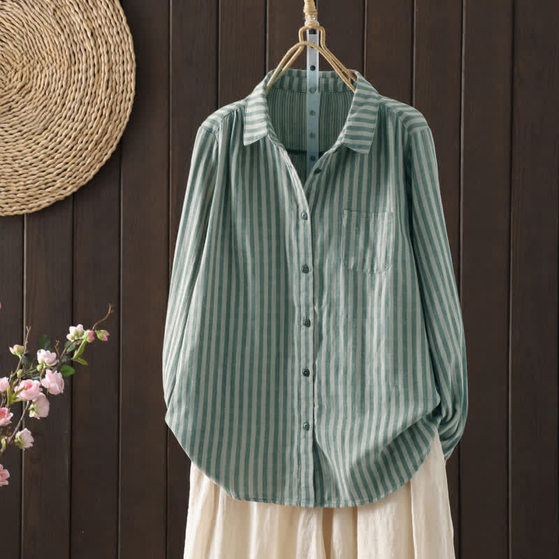 Buddha Stones Koszula damska bawełniana z długimi rękawami i ozdobnymi kieszeniami w pionowe paski wiosenne i guziki - LightSeaGreen - US8-10，UK/AU12-14，EU40-42 (2XL) - image 5