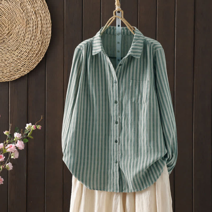 Buddha Stones Koszula damska bawełniana z długimi rękawami i ozdobnymi kieszeniami w pionowe paski wiosenne i guziki - LightSeaGreen - US8-10，UK/AU12-14，EU40-42 (2XL) - image 5