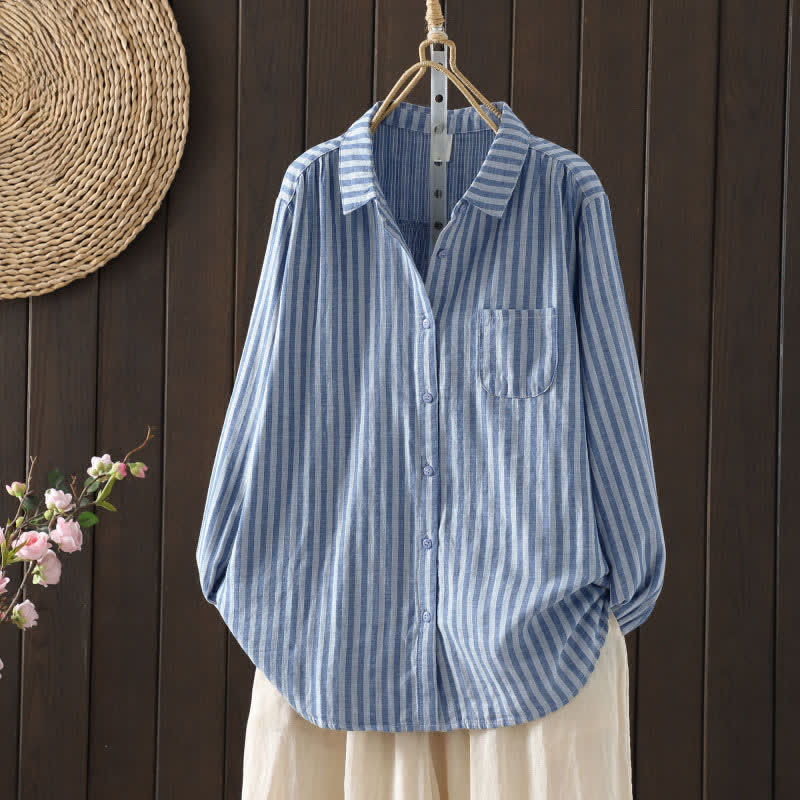 Buddha Stones Koszula damska bawełniana z długimi rękawami i ozdobnymi kieszeniami w pionowe paski wiosenne i guziki - Chaber niebieski - US8-10，UK/AU12-14，EU40-42 (2XL) - image 3