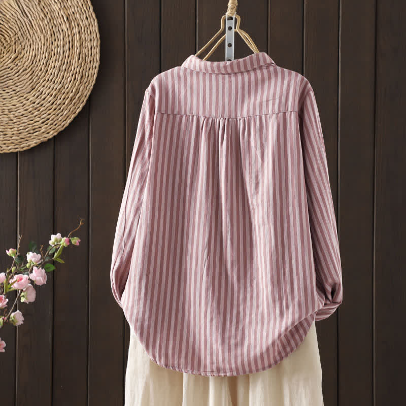 Buddha Stones Koszula damska bawełniana z długimi rękawami i ozdobnymi kieszeniami w pionowe paski wiosenne i guziki - image 1