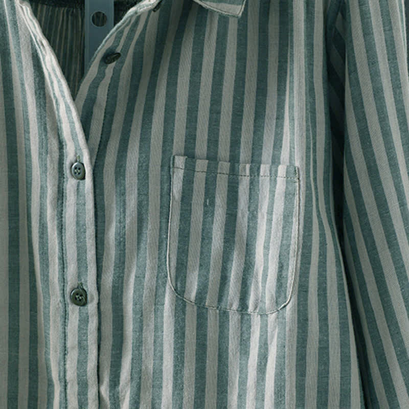 Buddha Stones Koszula damska bawełniana z długimi rękawami i ozdobnymi kieszeniami w pionowe paski wiosenne i guziki - image 6