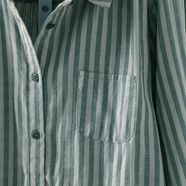 Buddha Stones Koszula damska bawełniana z długimi rękawami i ozdobnymi kieszeniami w pionowe paski wiosenne i guziki - image 6