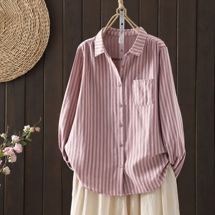 Buddha Stones Koszula damska bawełniana z długimi rękawami i ozdobnymi kieszeniami w pionowe paski wiosenne i guziki - Jasnoróżowy - US8-10，UK/AU12-14，EU40-42 (2XL) - image 0