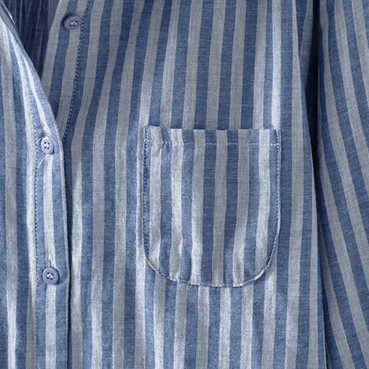 Buddha Stones Koszula damska bawełniana z długimi rękawami i ozdobnymi kieszeniami w pionowe paski wiosenne i guziki - image 4