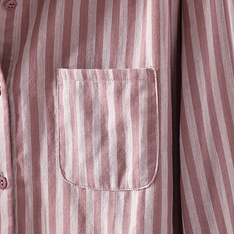 Buddha Stones Koszula damska bawełniana z długimi rękawami i ozdobnymi kieszeniami w pionowe paski wiosenne i guziki - image 2