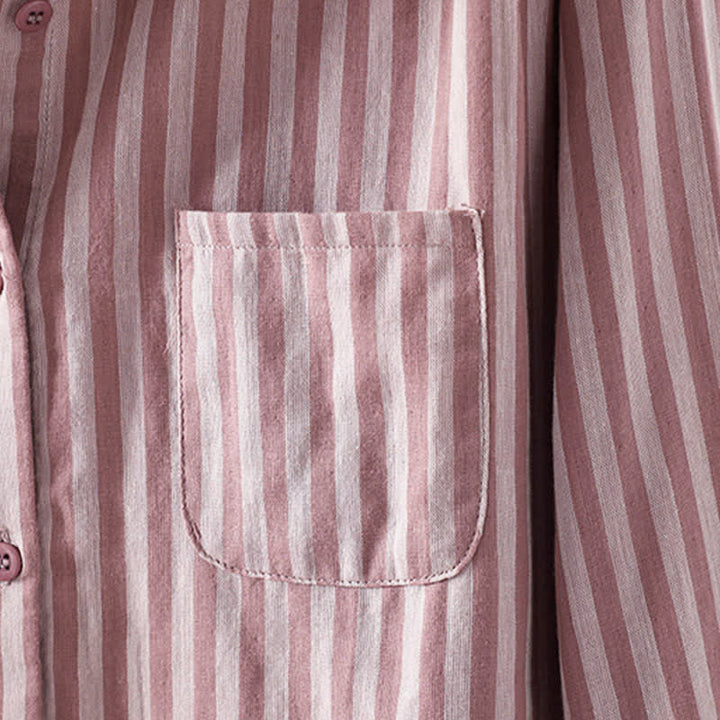 Buddha Stones Koszula damska bawełniana z długimi rękawami i ozdobnymi kieszeniami w pionowe paski wiosenne i guziki - image 2