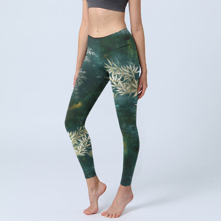 Buddha Stones Eleganckie legginsy do jogi damskie z nadrukiem w liście bambusa - Ciemnozielony - US18, UK/AU22, EU50 (4XL) - image 0