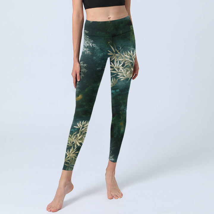 Buddha Stones Eleganckie legginsy do jogi damskie z nadrukiem w liście bambusa - image 5