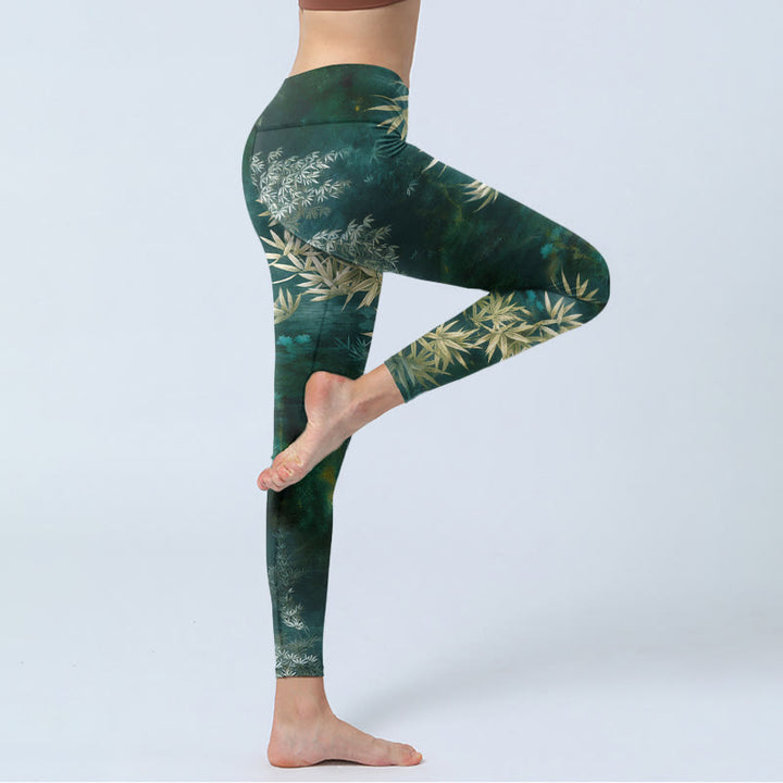 Buddha Stones Eleganckie legginsy do jogi damskie z nadrukiem w liście bambusa - image 3