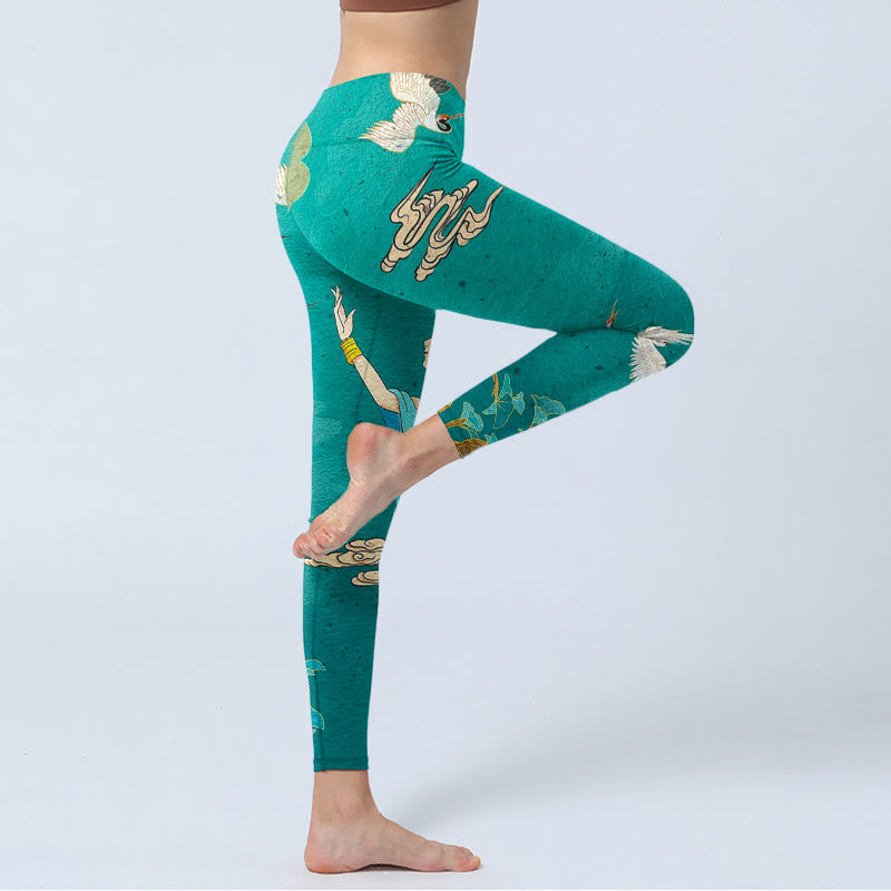 Buddha Stones Eleganckie legginsy do jogi damskie z nadrukiem w kształcie chmurki i drzewa sosnowego - image 3