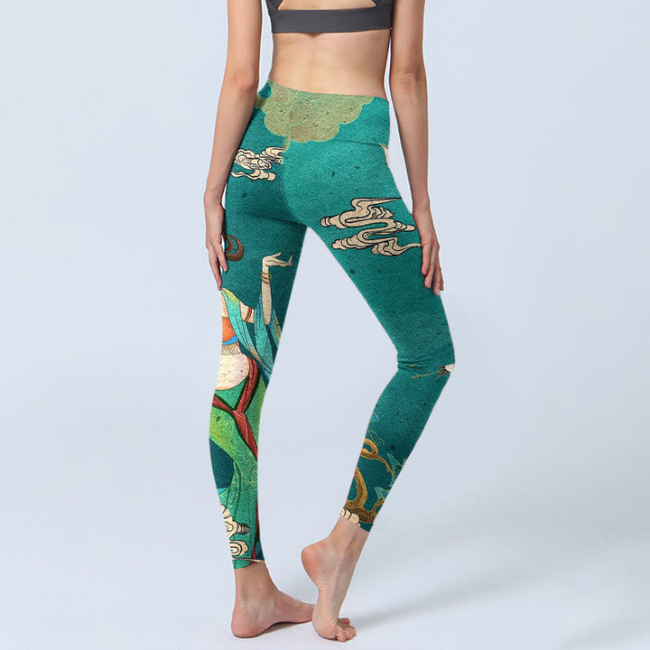 Buddha Stones Eleganckie legginsy do jogi damskie z nadrukiem w kształcie chmurki i drzewa sosnowego - image 4