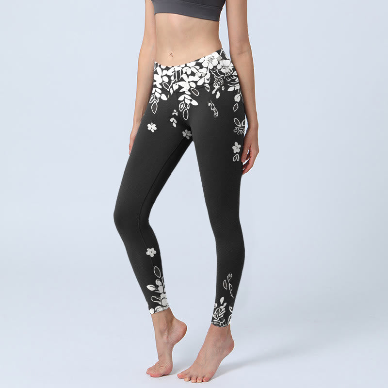 Buddha Stones Czarno-białe kontrastowe legginsy do jogi damskie z nadrukiem w kwiaty - Czarny - US18, UK/AU22, EU50 (4XL) - image 0