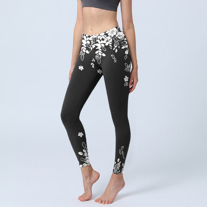 Buddha Stones Czarno-białe kontrastowe legginsy do jogi damskie z nadrukiem w kwiaty - Czarny - US18, UK/AU22, EU50 (4XL) - image 0