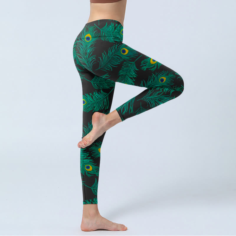 Buddha Stones Damskie legginsy do jogi z nadrukiem w stylu retro z pawim piórem - image 3