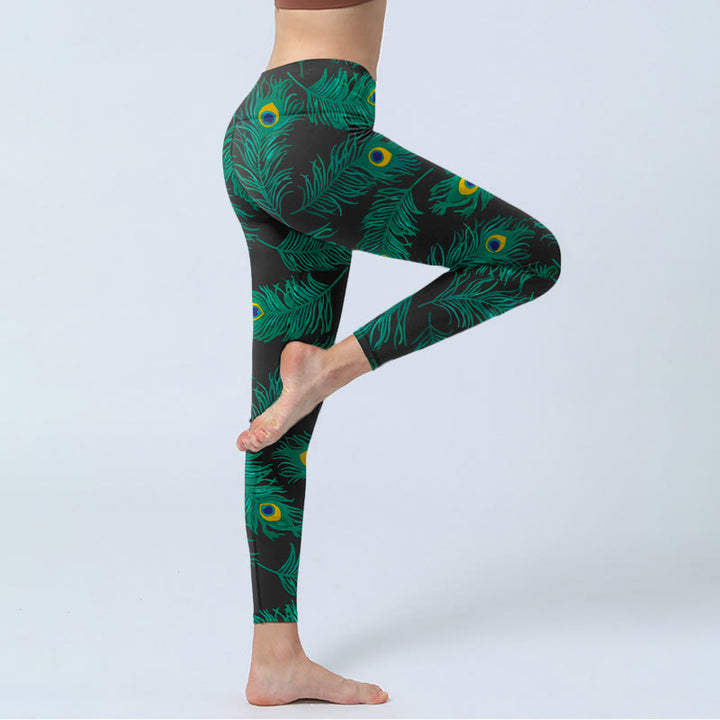 Buddha Stones Damskie legginsy do jogi z nadrukiem w stylu retro z pawim piórem - image 3
