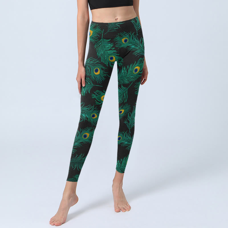 Buddha Stones Damskie legginsy do jogi z nadrukiem w stylu retro z pawim piórem - image 5
