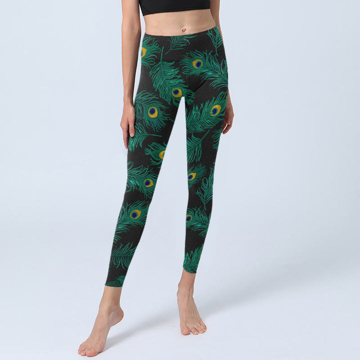 Buddha Stones Damskie legginsy do jogi z nadrukiem w stylu retro z pawim piórem - image 5