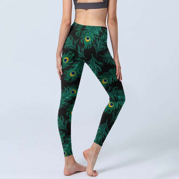 Buddha Stones Damskie legginsy do jogi z nadrukiem w stylu retro z pawim piórem - image 4