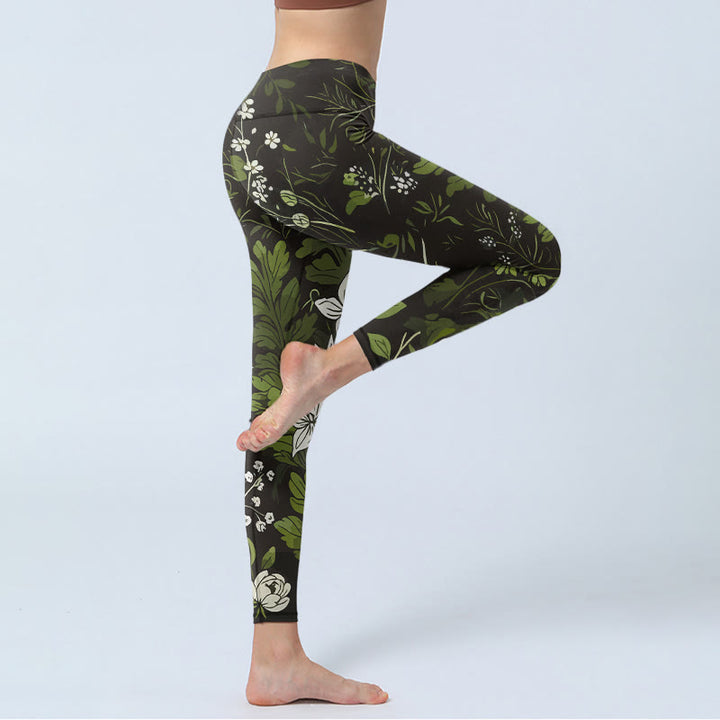 Buddha Stones Damskie legginsy do jogi z nadrukiem w kwiaty i liście w stylu retro - image 3