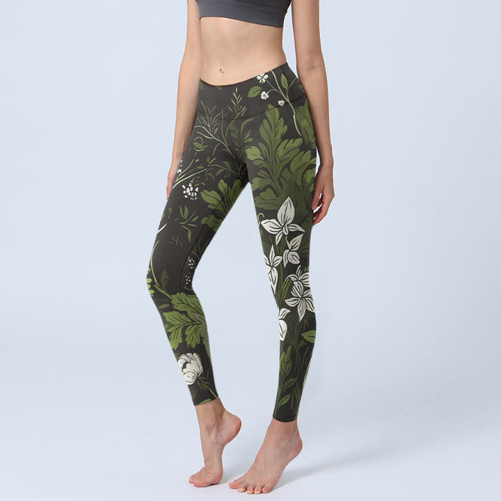 Buddha Stones Damskie legginsy do jogi z nadrukiem w kwiaty i liście w stylu retro - Czarny - US18, UK/AU22, EU50 (4XL) - image 0
