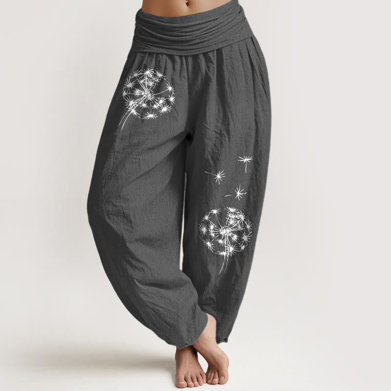 Buddha Stones Spodnie damskie typu harem z elastycznej talii z czystej bawełny w zwięzły wzór dmuchawca - DimGray - US16, UK/AU20, EU48 (3XL) - image 0