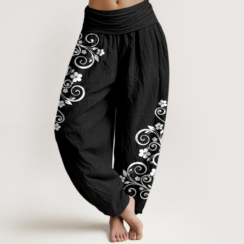 Buddha Stones Eleganckie spodnie haremki damskie z elastycznej talii z czystej bawełny w kwiaty winorośli - Czarny - US16, UK/AU20, EU48 (3XL) - image 0