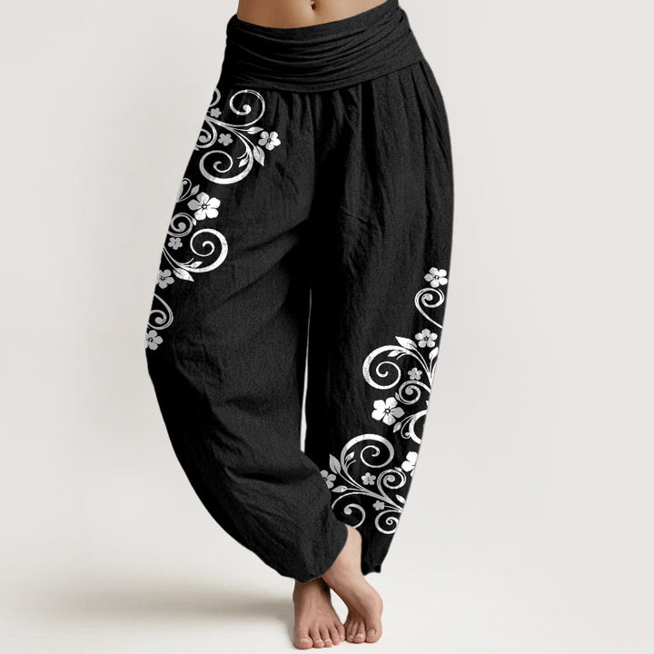 Buddha Stones Eleganckie spodnie haremki damskie z elastycznej talii z czystej bawełny w kwiaty winorośli - Czarny - US16, UK/AU20, EU48 (3XL) - image 0