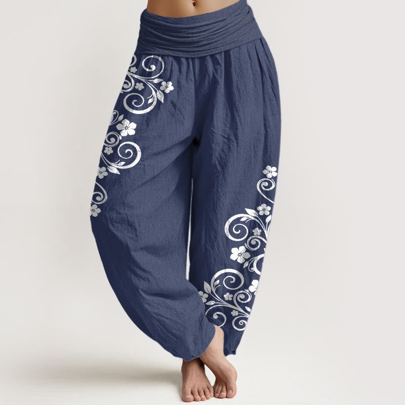 Buddha Stones Eleganckie spodnie haremki damskie z elastycznej talii z czystej bawełny w kwiaty winorośli - DarkSlateBlue - US16, UK/AU20, EU48 (3XL) - image 5