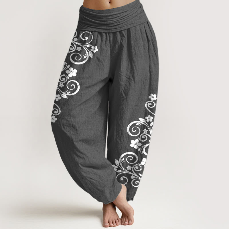 Buddha Stones Eleganckie spodnie haremki damskie z elastycznej talii z czystej bawełny w kwiaty winorośli - DimGray - US16, UK/AU20, EU48 (3XL) - image 8