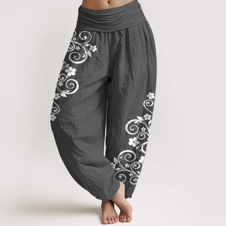 Buddha Stones Eleganckie spodnie haremki damskie z elastycznej talii z czystej bawełny w kwiaty winorośli - DimGray - US16, UK/AU20, EU48 (3XL) - image 8