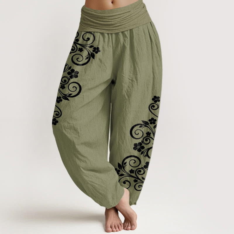 Buddha Stones Eleganckie spodnie haremki damskie z elastycznej talii z czystej bawełny w kwiaty winorośli - Oliwkowy - US16, UK/AU20, EU48 (3XL) - image 14