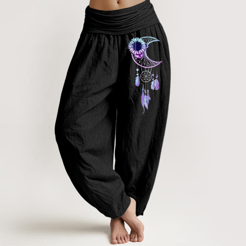 Buddha Stones Eleganckie spodnie haremki damskie z elastycznej talii z czystej bawełny z motywem piór i kwiatu księżyca - Czarny - US16, UK/AU20, EU48 (3XL) - image 0