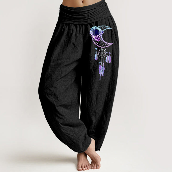 Buddha Stones Eleganckie spodnie haremki damskie z elastycznej talii z czystej bawełny z motywem piór i kwiatu księżyca - Czarny - US16, UK/AU20, EU48 (3XL) - image 0