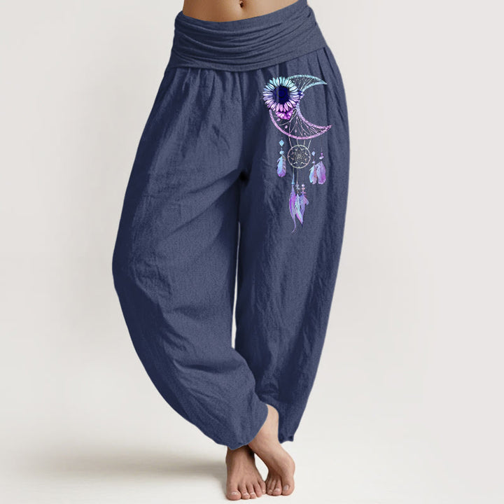 Buddha Stones Eleganckie spodnie haremki damskie z elastycznej talii z czystej bawełny z motywem piór i kwiatu księżyca - DarkSlateBlue - US16, UK/AU20, EU48 (3XL) - image 5