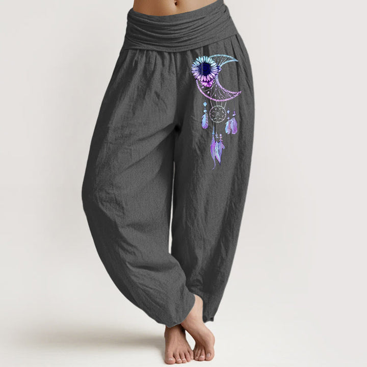 Buddha Stones Eleganckie spodnie haremki damskie z elastycznej talii z czystej bawełny z motywem piór i kwiatu księżyca - DimGray - US16, UK/AU20, EU48 (3XL) - image 8