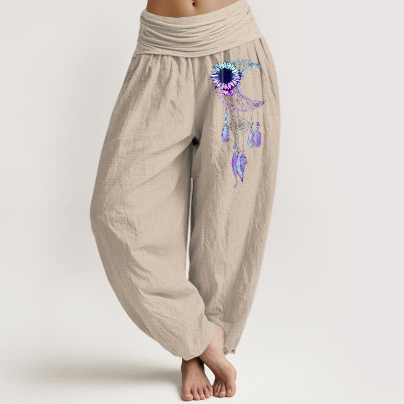 Buddha Stones Eleganckie spodnie haremki damskie z elastycznej talii z czystej bawełny z motywem piór i kwiatu księżyca - Dębnik - US16, UK/AU20, EU48 (3XL) - image 11